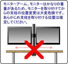 モニターアーム、モニターはかなりの重量があるため、モニターを取り付けてからの支柱の位置変更は大変危険です。あらかじめ支柱を取り付ける位置は確定してください。
