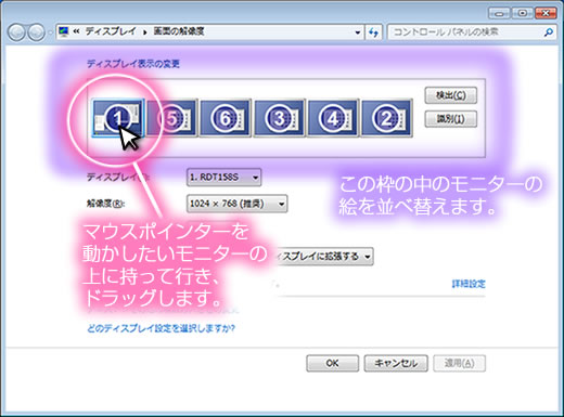 この枠の中のモニターの絵を並べ替えます。マウスポインターを動かしたいモニターの上に持って行き、
ドラッグします。